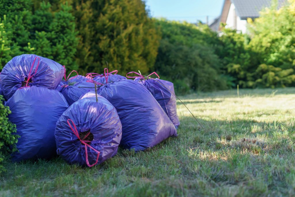 pexels-photo-24595685-24595685 Vibrant purple trash bags stacked in a sunlit garden setting, ideal for spring clean-up visuals.